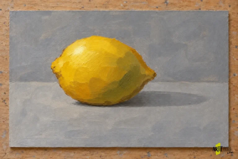 Limón al óleo terminado con luz superior izquierda, sombra de apoyo y bordes de distinta definición