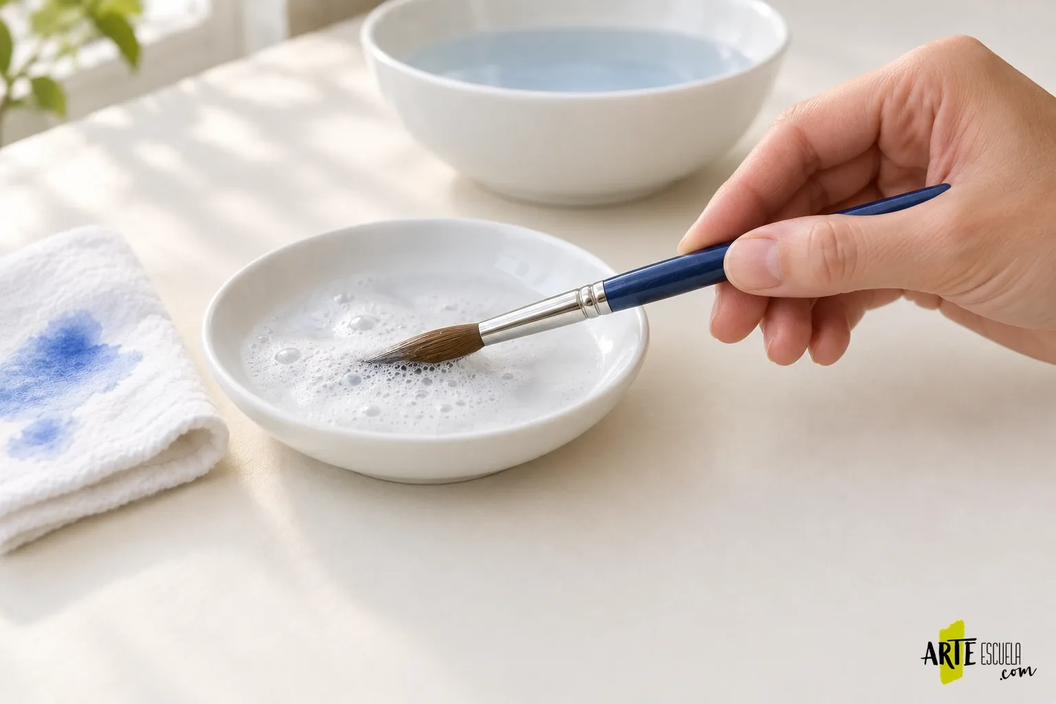 Limpieza suave de un pincel de acuarela con espuma en un platillo blanco