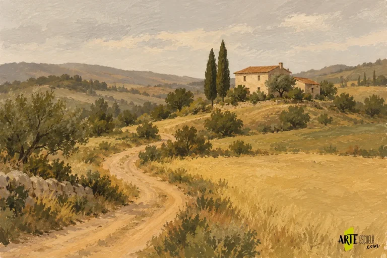 Máscara de gama: elige el ambiente de color de un paisaje Paisaje terminado en una gama restringida de ocres, oliva apagado, terracota y grises cálidos