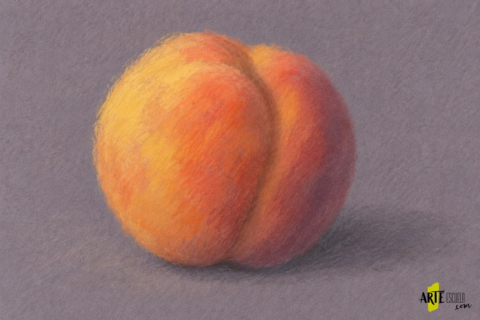 Cómo pintar un melocotón con pastel seco: una piel mate y aterciopelada El mismo melocotón al pastel con luz amarilla a la izquierda, medios tonos coral y sombras rojo violeta en el lado derecho