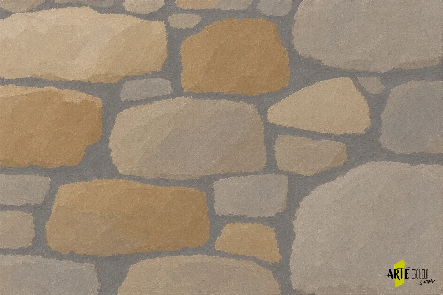 Cómo pintar una pared de piedra con acrílico sin dibujar cada bloque Masas planas de piedras desiguales sobre una base gris de mortero