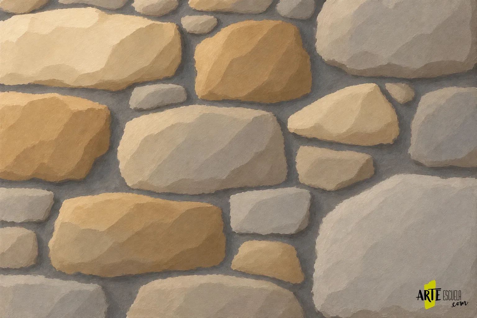 Cómo pintar una pared de piedra con acrílico sin dibujar cada bloque Planos de luz y sombra en un muro de piedra antes de añadir el grano superficial