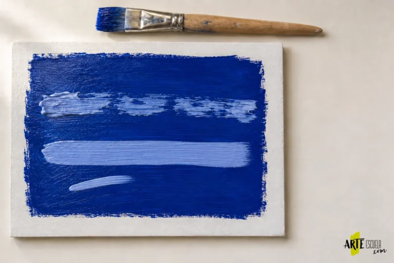 Luz clara corta y continua sobre una pequeña forma azul pintada al óleo