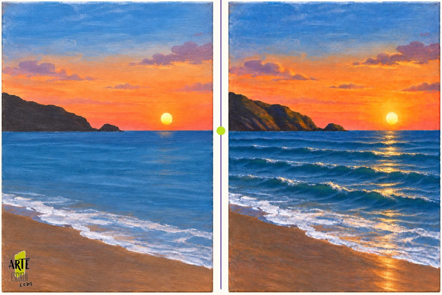 Comparativa del mismo paisaje de playa antes y después de trabajar luces, sombras, volumen de las olas y reflejos