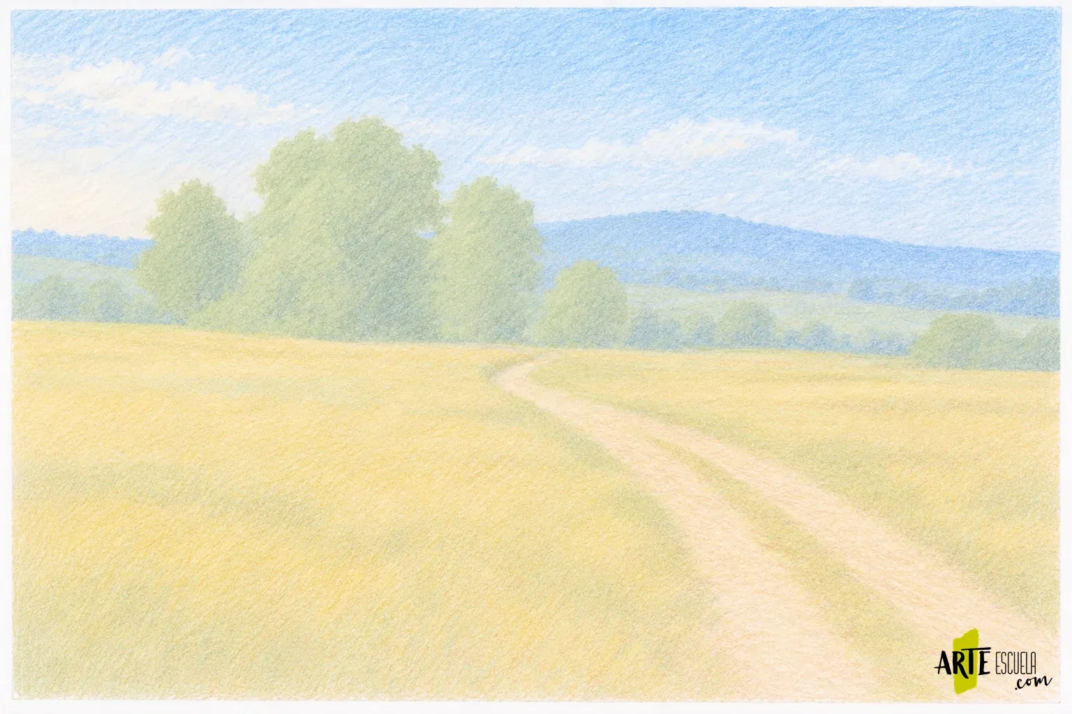 Paisaje con lápices de colores: separa los planos sin dibujar cada hoja Paisaje a lápices de colores con primeras capas suaves en cielo, loma, árboles, campo y camino