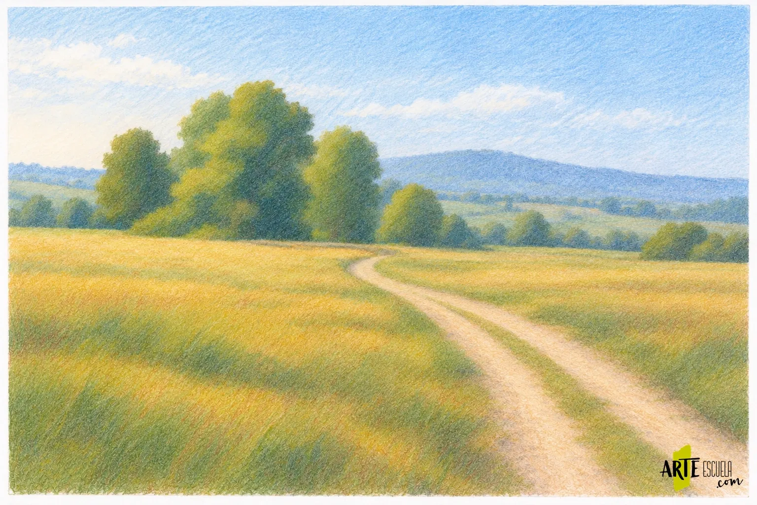 Paisaje con lápices de colores: separa los planos sin dibujar cada hoja Paisaje con loma clara, árboles de contraste medio y campo cercano más cálido