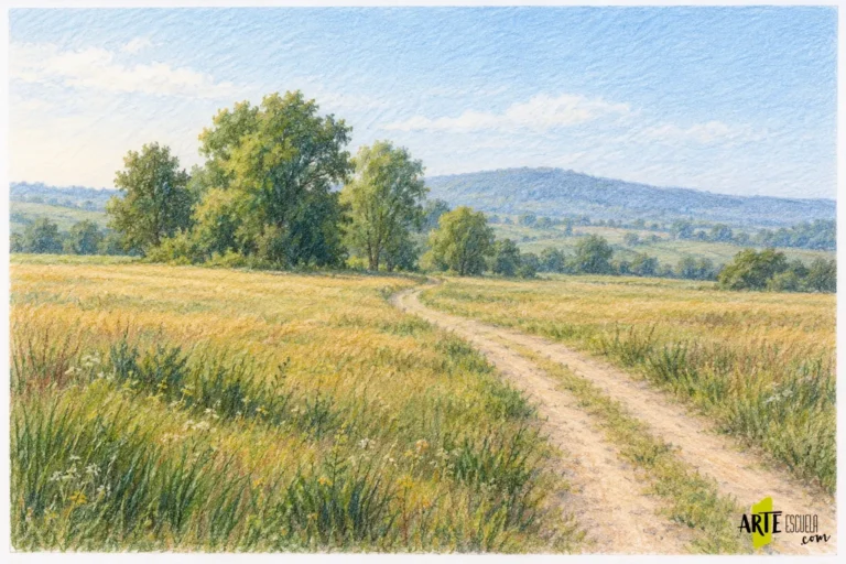 Paisaje terminado con lápices de colores y detalles de hierba concentrados en primer plano
