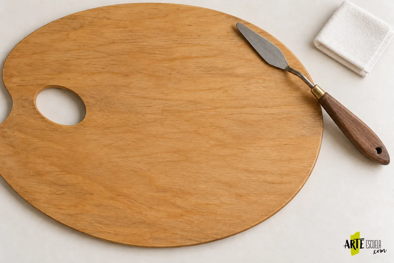 Paleta para óleo: cómo preparar la superficie y comparar tus mezclas sin perder pintura Paleta de madera con acabado uniforme, limpia y preparada para recibir pintura al óleo