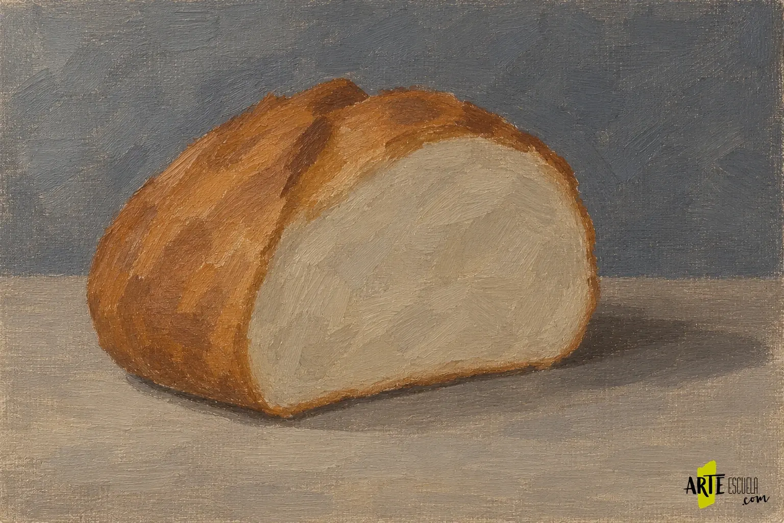 Encaje al óleo de medio pan con masas de corteza, miga, mesa y fondo