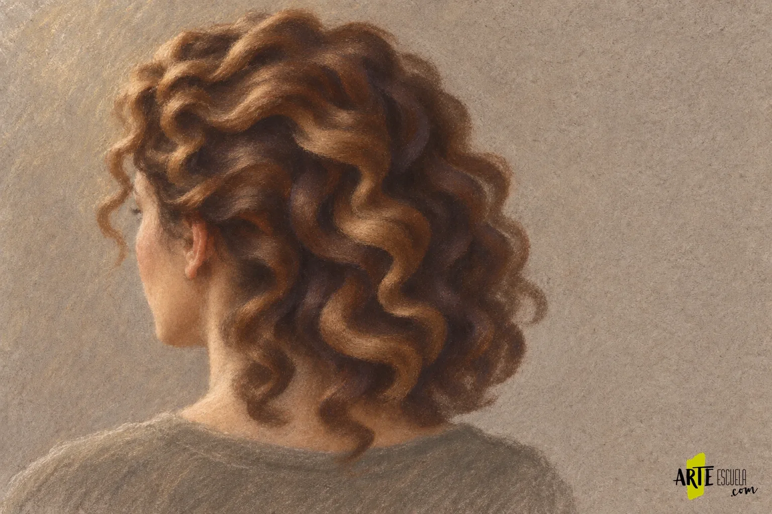 Pelo rizado con pastel seco: mechones que giran y reciben luz Mechones rizados modelados como bandas castañas con luces ocres interrumpidas y huecos oscuros