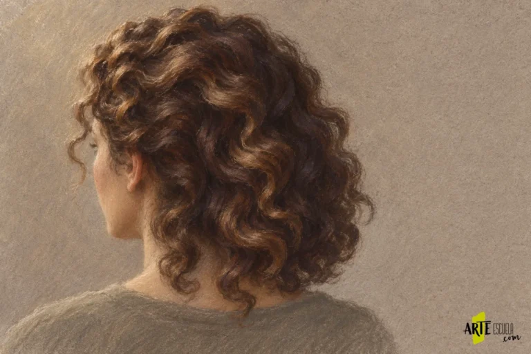Melena rizada castaña terminada al pastel con mechones superpuestos, luces desiguales y algunos pelos sueltos