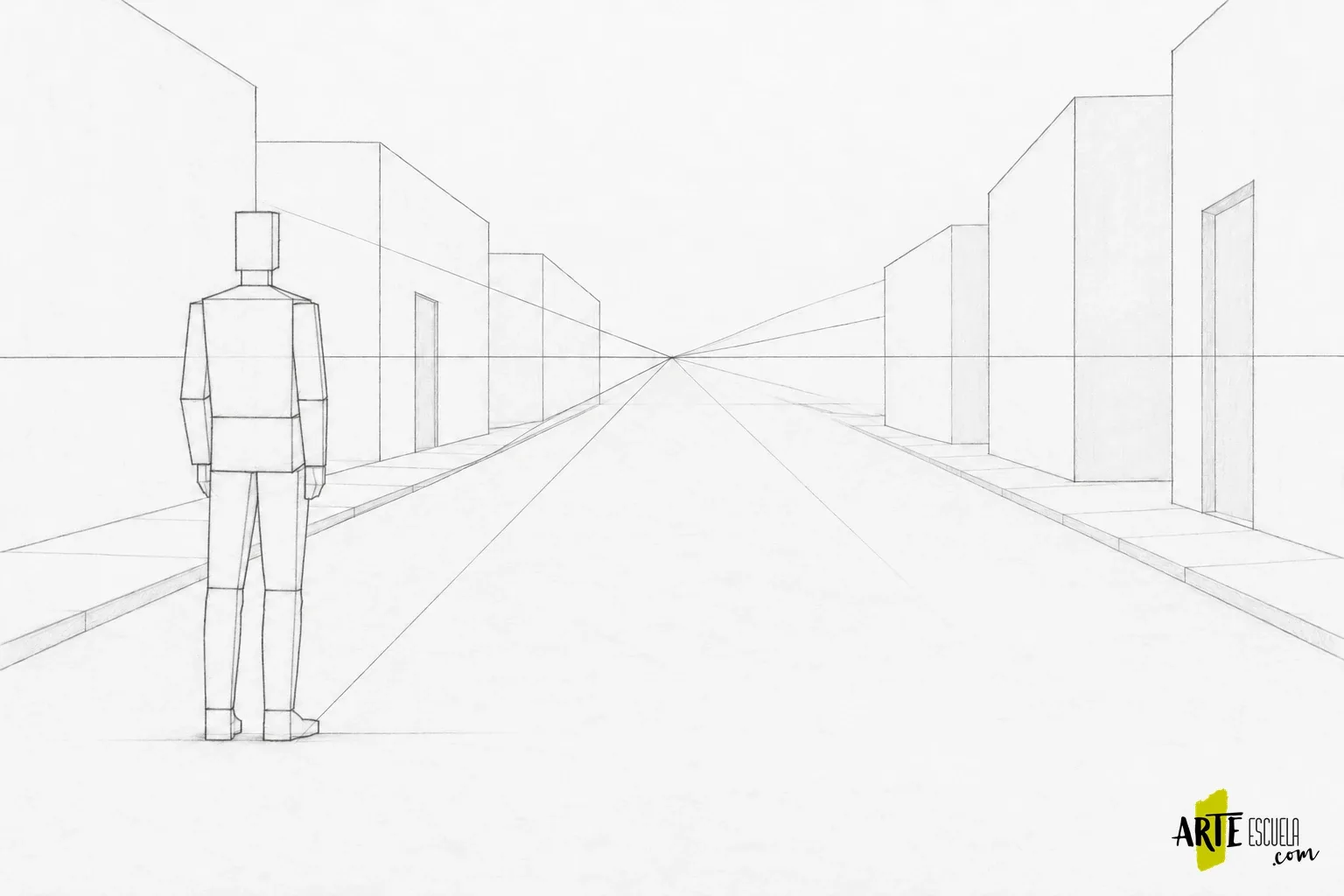 Personas en perspectiva: cómo mantener su tamaño dentro de una calle Calle en perspectiva con una figura cercana de construcción sencilla y líneas auxiliares hacia el punto de fuga