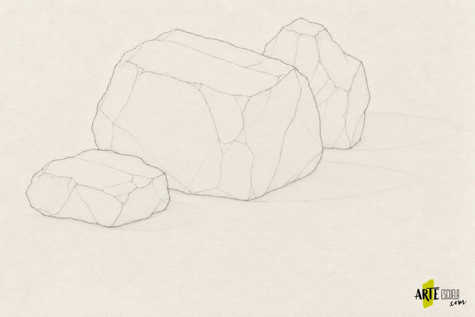 Dibuja piedras a lápiz: planos, grietas y bordes que explican el volumen Encaje de tres piedras angulosas con siluetas, superposiciones y planos principales