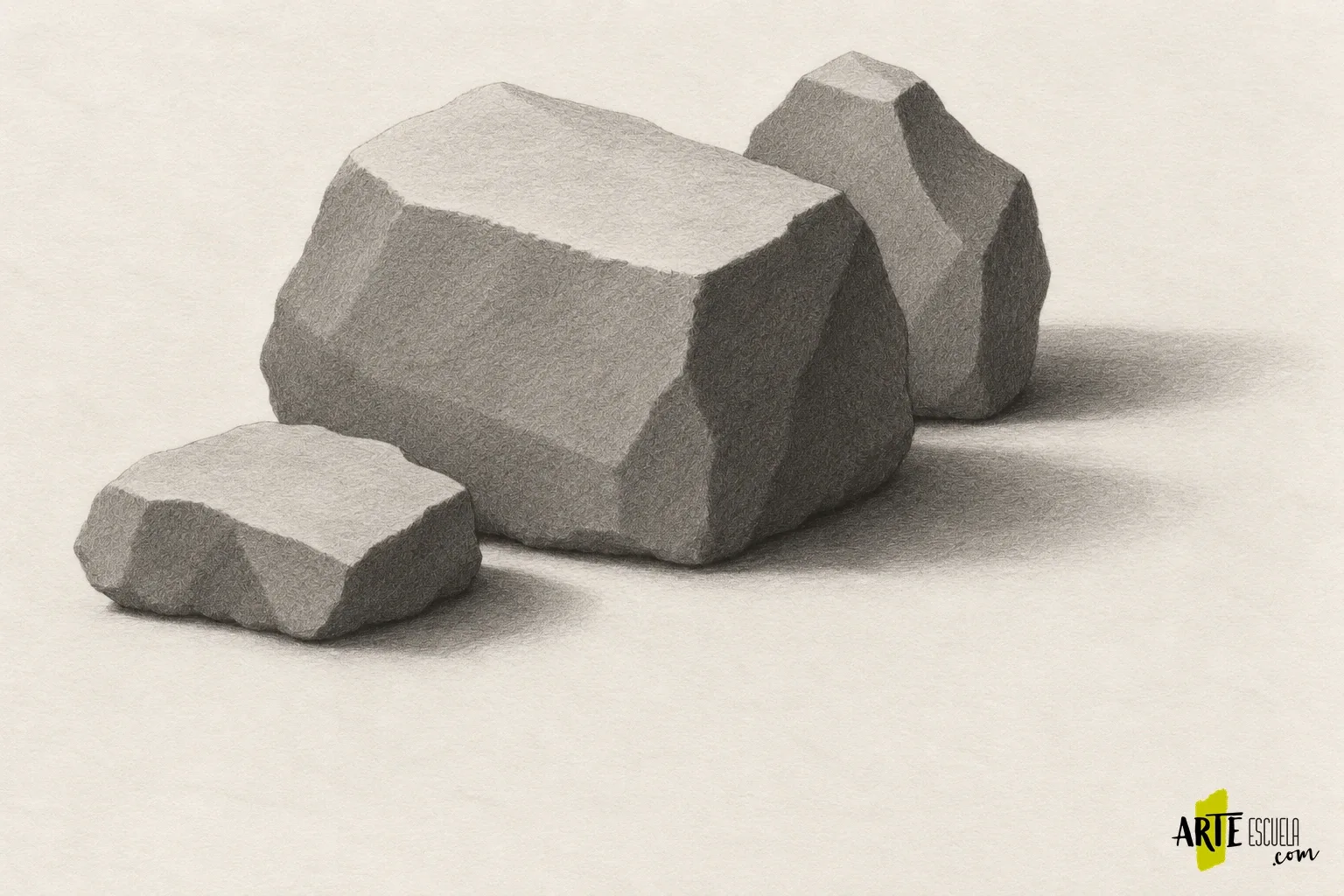 Dibuja piedras a lápiz: planos, grietas y bordes que explican el volumen Tres piedras sombreadas con planos superiores claros, frentes medios y laterales oscuros