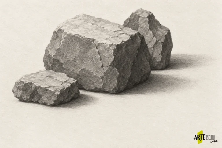 Dibujo terminado de tres piedras a grafito con grietas selectivas y sombras coherentes
