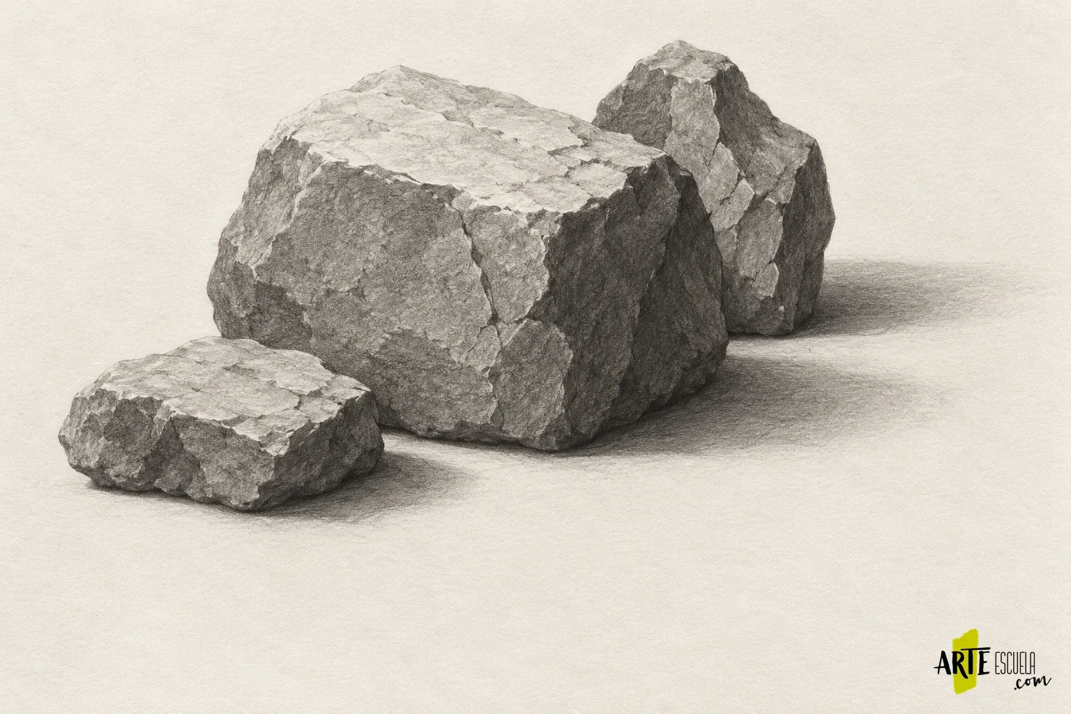Dibuja piedras a lápiz: planos, grietas y bordes que explican el volumen Dibujo terminado de tres piedras a grafito con grietas selectivas y sombras coherentes