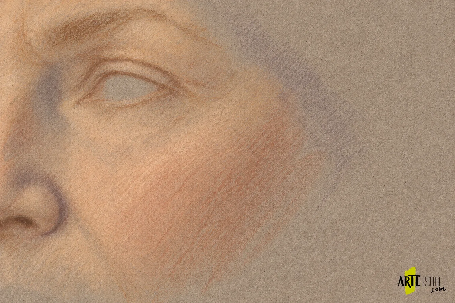 Piel madura con pastel seco: pliegues suaves y volumen Encaje de un ojo y una mejilla con tres masas ligeras de pastel sobre papel gris cálido