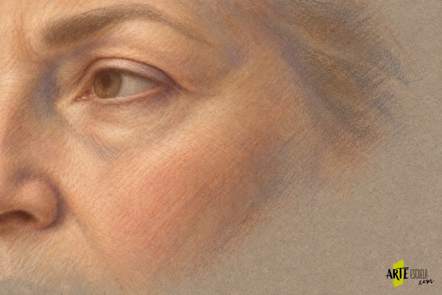 Piel madura con pastel seco: pliegues suaves y volumen Volumen del pómulo y del ojo construido con capas de melocotón, crema y sombras violetas suaves