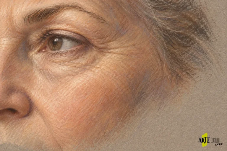 Detalle terminado de piel madura al pastel con pliegues suaves alrededor del ojo y luz sobre el pómulo