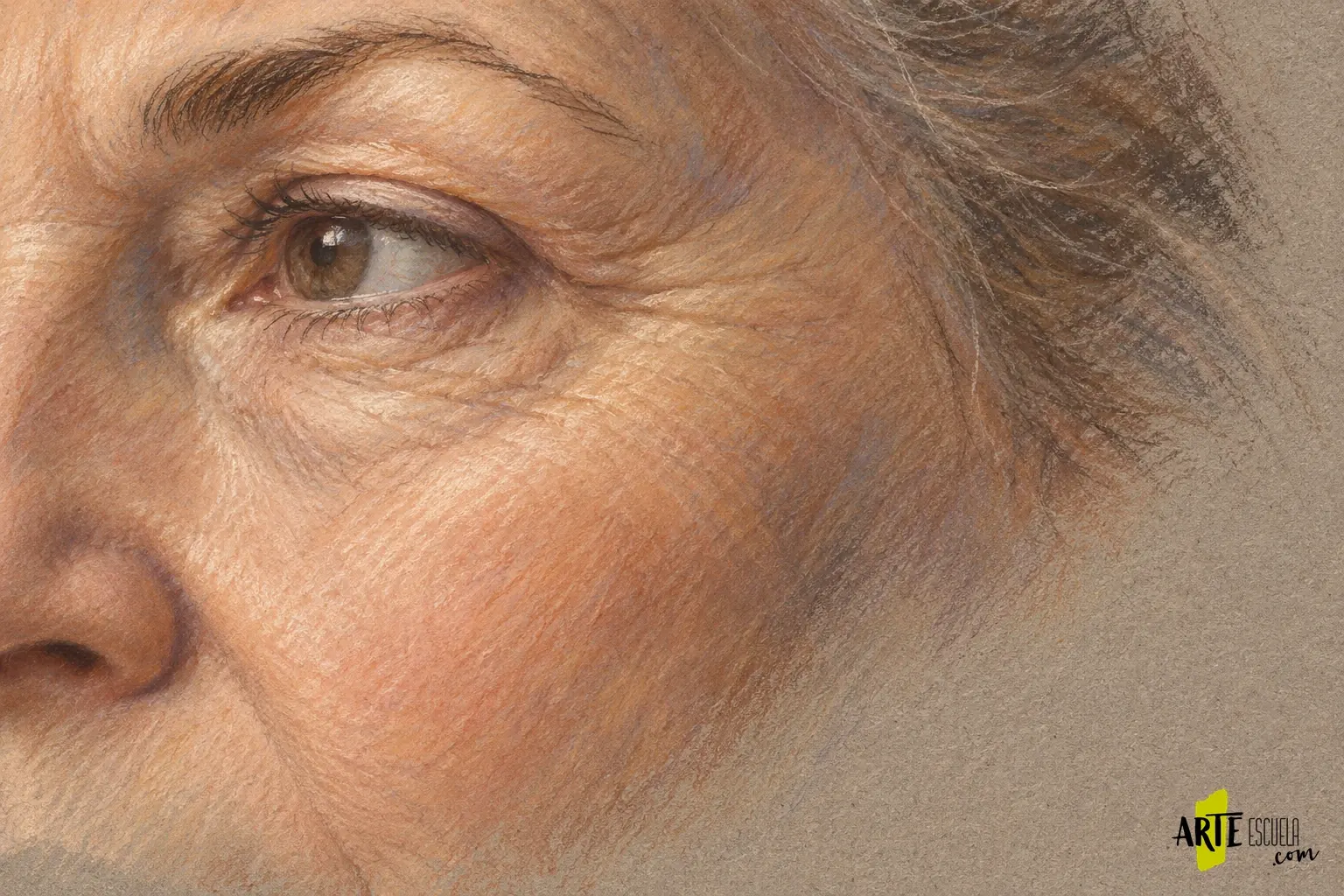 Piel madura con pastel seco: pliegues suaves y volumen Detalle terminado de piel madura al pastel con pliegues suaves alrededor del ojo y luz sobre el pómulo