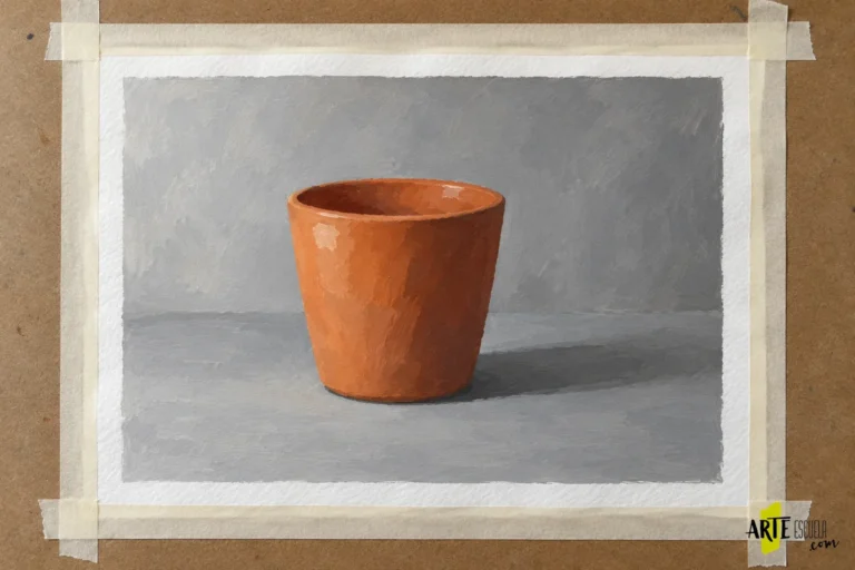 Estudio acrílico terminado de una taza terracota sobre papel, con luces y sombra proyectada
