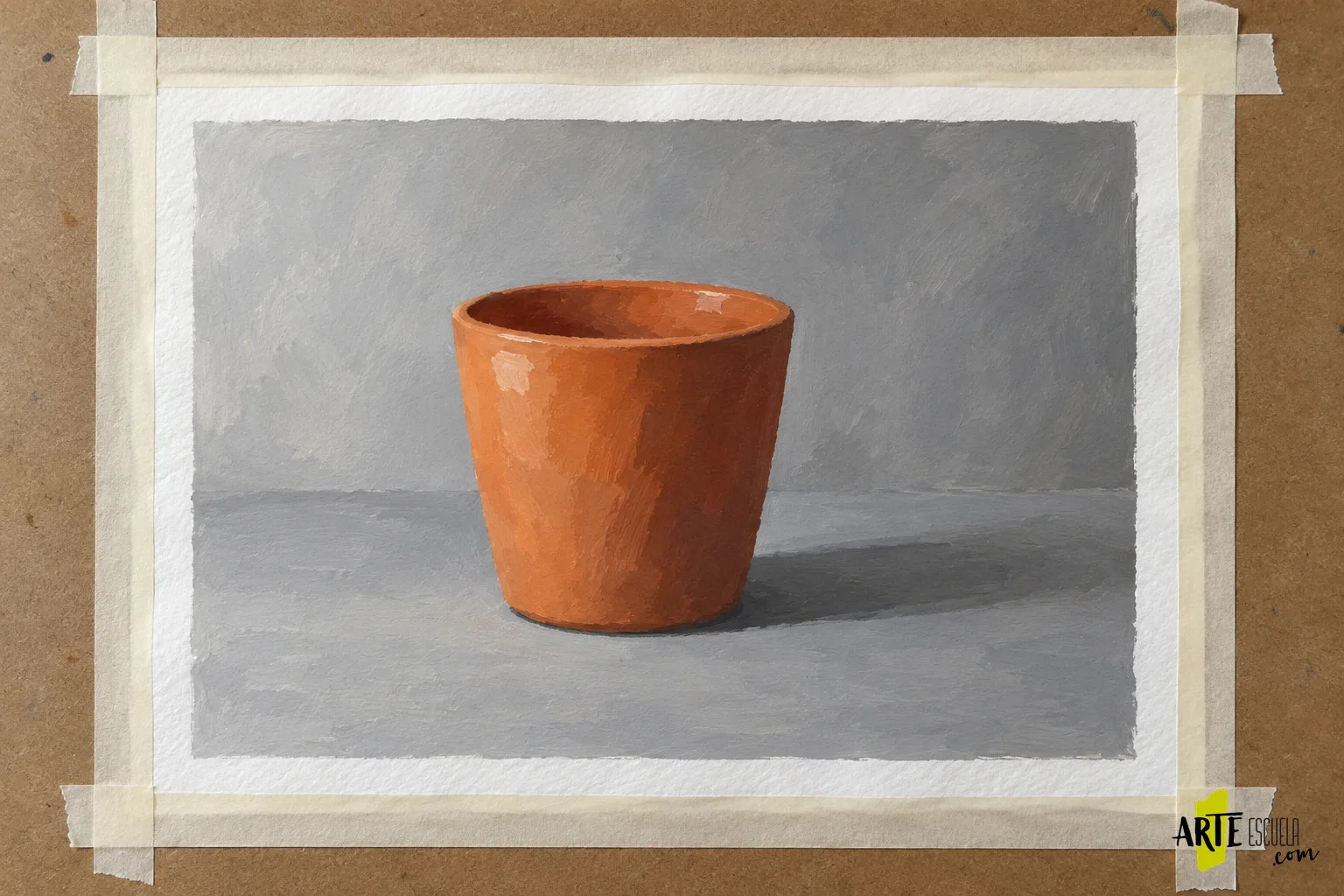 Pintar con acrílico sobre papel: prepara una hoja y prueba las primeras capas Estudio acrílico terminado de una taza terracota sobre papel, con luces y sombra proyectada