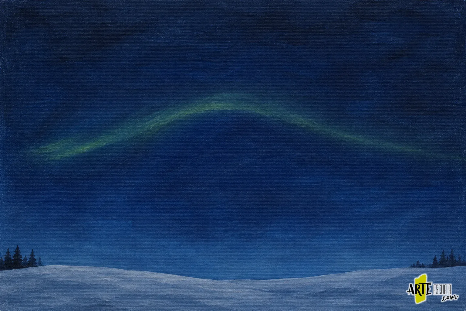 Cómo pintar una aurora boreal con acrílico paso a paso Cielo azul nocturno con una banda verde tenue y un suelo nevado bajo