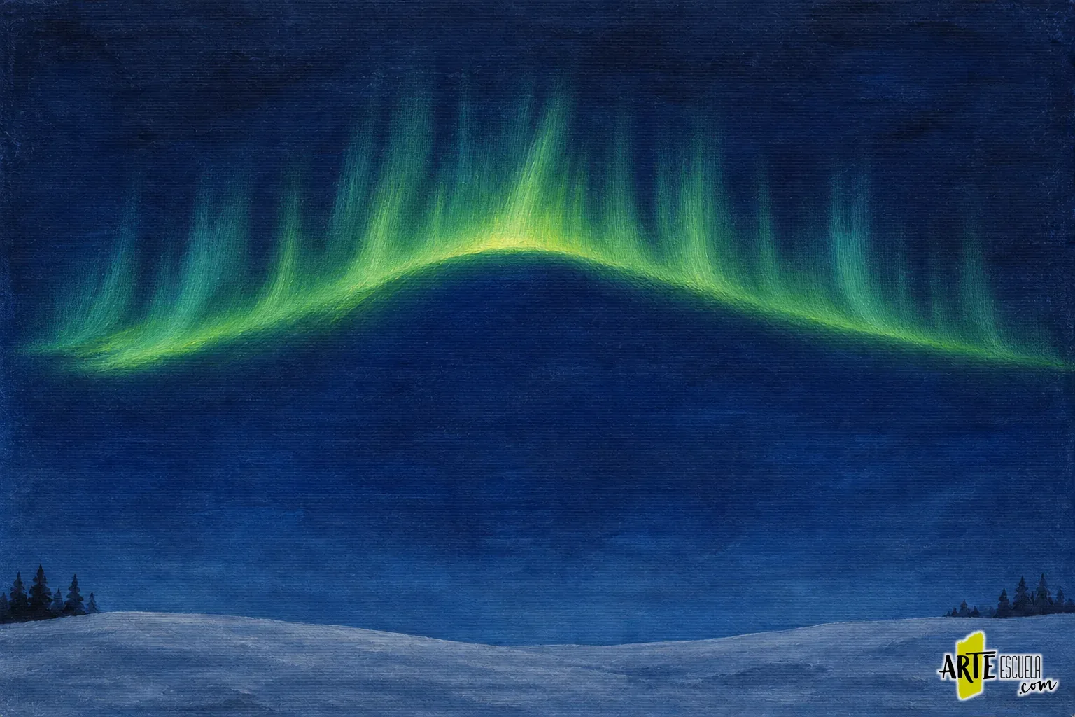 Cómo pintar una aurora boreal con acrílico paso a paso Aurora verde con haces ascendentes de distintas longitudes que se desvanecen sobre el azul