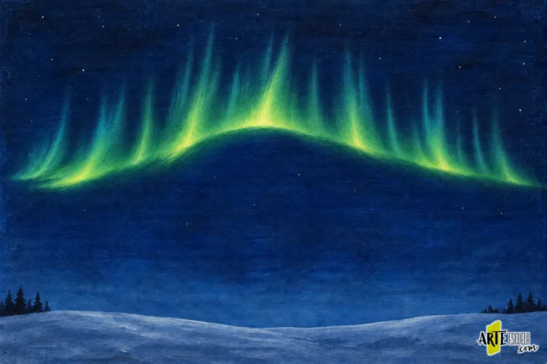 Aurora boreal acrílica terminada con acentos verdes, pequeñas estrellas y nieve azulada