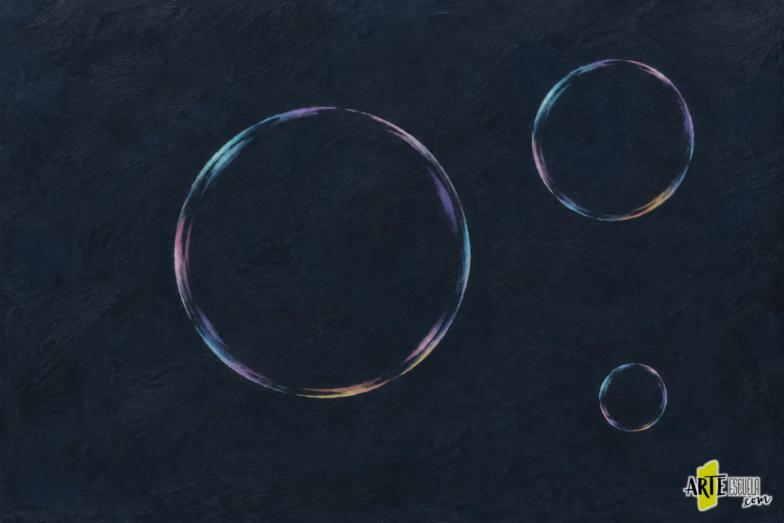 Cómo pintar burbujas con acrílico: transparencias sobre un fondo oscuro Burbujas con arcos finos de azul, rosa, violeta y amarillo, todavía sin los brillos blancos finales