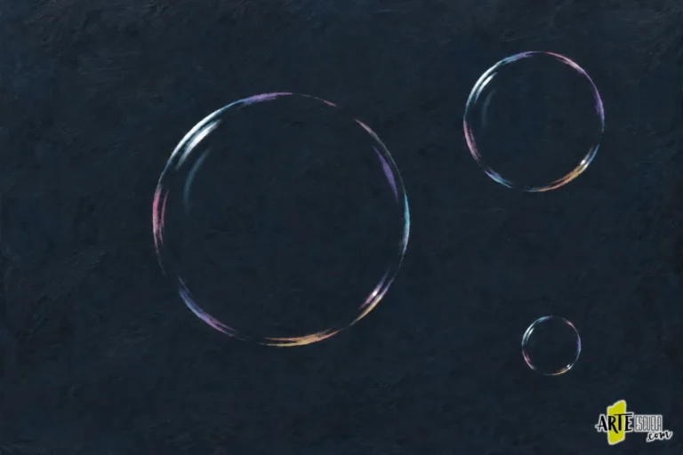 Tres burbujas de jabón pintadas con acrílico, con reflejos blancos cortos y bordes de color interrumpidos