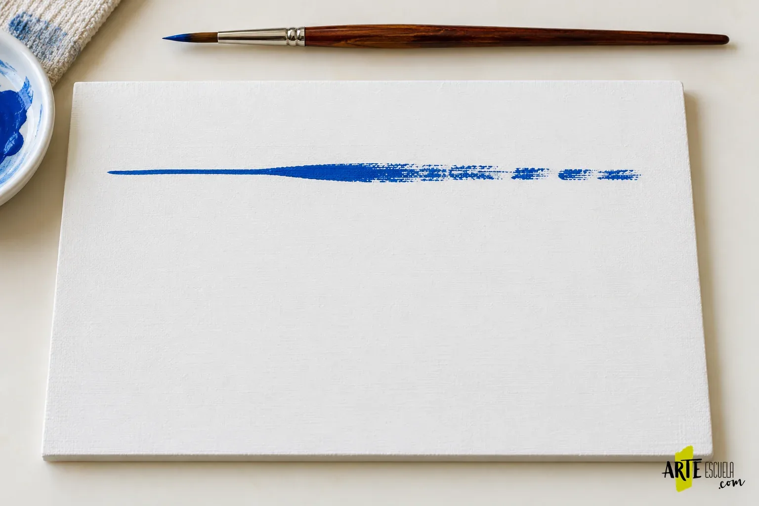 Cómo pintar líneas largas y finas sin que se corte la pincelada Primera línea azul de pincel que pierde continuidad y se interrumpe hacia el extremo derecho