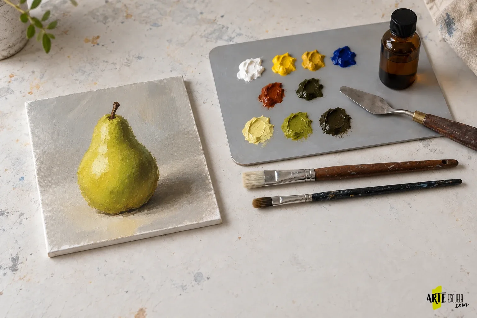 Pintar con óleo sin disolventes: organiza una sesión desde la paleta hasta la limpieza Paleta con tres mezclas y dos pinceles separados para los valores claros y oscuros