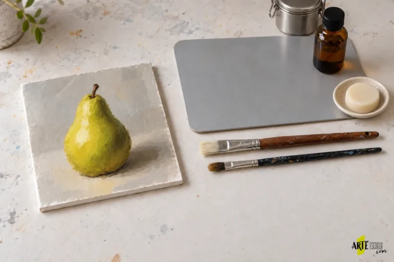 Pinceles limpios junto a jabón para artistas y paleta recogida al terminar la sesión de óleo