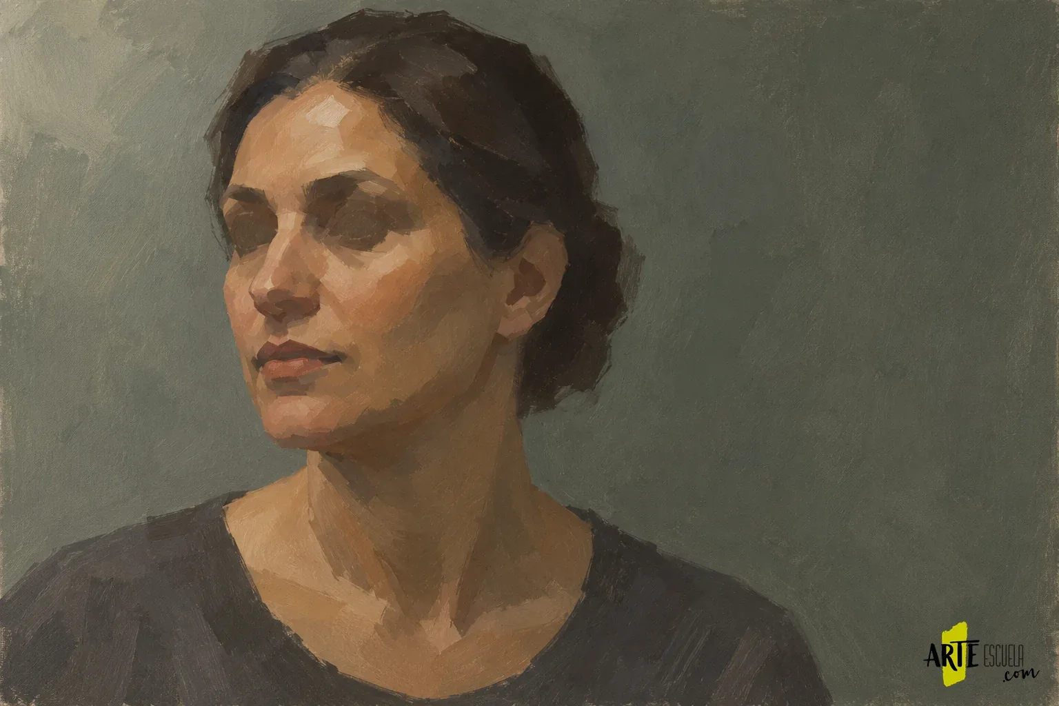 Cómo pintar un retrato con acrílico sin endurecer todos los bordes Retrato en acrílico de tres cuartos con cabello oscuro y grandes planos de luz y sombra en la piel