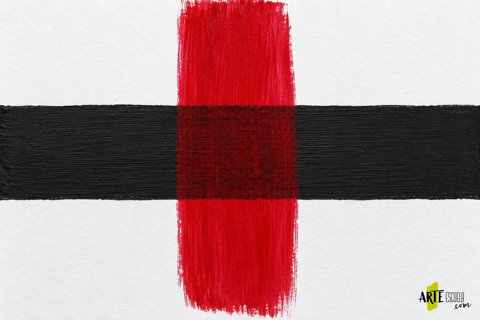 Por qué tu acrílico no cubre: comprueba pigmento, fondo y dilución Muestra de acrílico rojo transparente que cruza una franja negra sobre soporte blanco