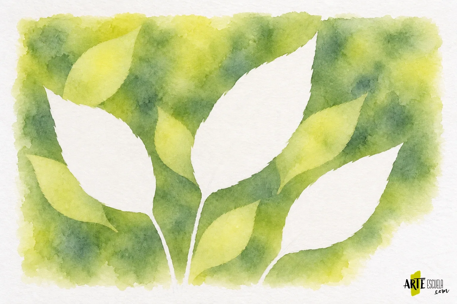 Pintura negativa en acuarela: crea profundidad pintando alrededor de las formas Hojas blancas delante y hojas amarillo verdosas detrás sobre un fondo verde medio