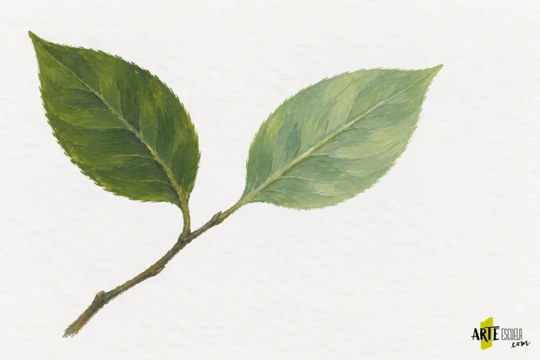 Pequeña rama pintada con una hoja verde profunda y otra más clara para aplicar las mezclas comparadas