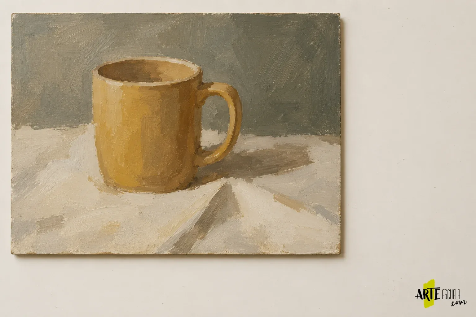 Cómo planificar una pintura al óleo en varias sesiones sin perder el estado del cuadro Primer estado de un óleo con taza ocre y asa a la derecha sobre tela clara, con encaje y masas iniciales