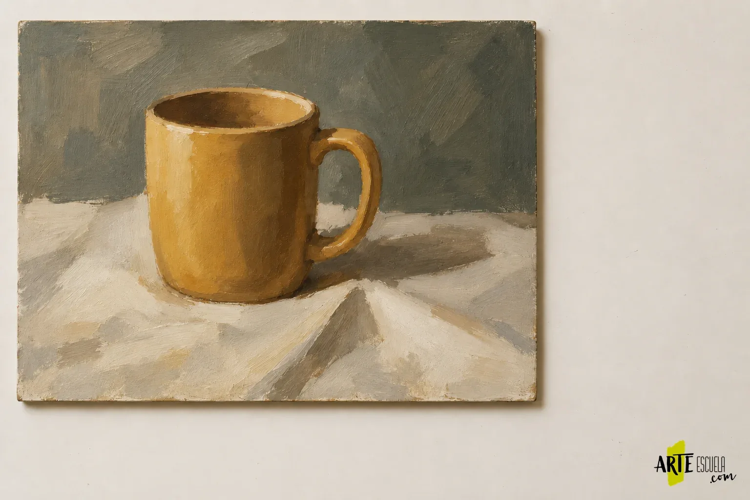 Cómo planificar una pintura al óleo en varias sesiones sin perder el estado del cuadro Misma taza ocre al óleo con planos de luz y sombra desarrollados y tela clara diferenciada del fondo