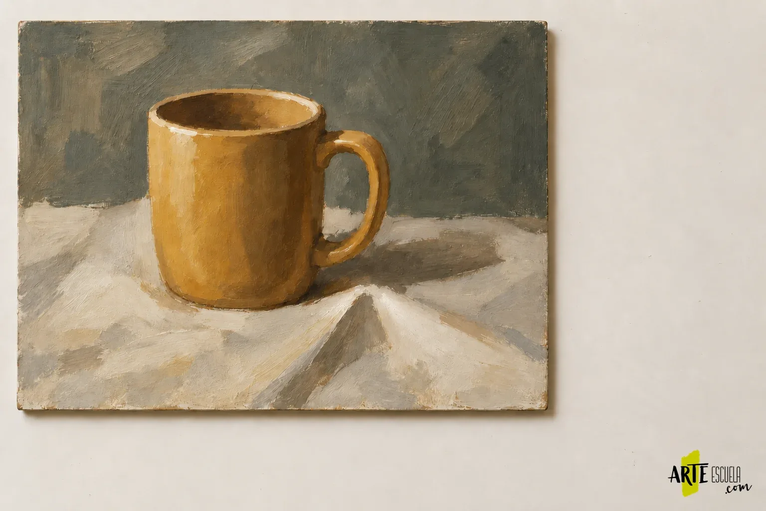 Cómo planificar una pintura al óleo en varias sesiones sin perder el estado del cuadro Bodegón al óleo terminado con la misma taza ocre, tela clara y pocos acentos en el borde y el asa