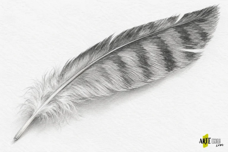 Dibujo terminado de una pluma con bandas grises, barbas agrupadas y filamentos suaves en la base