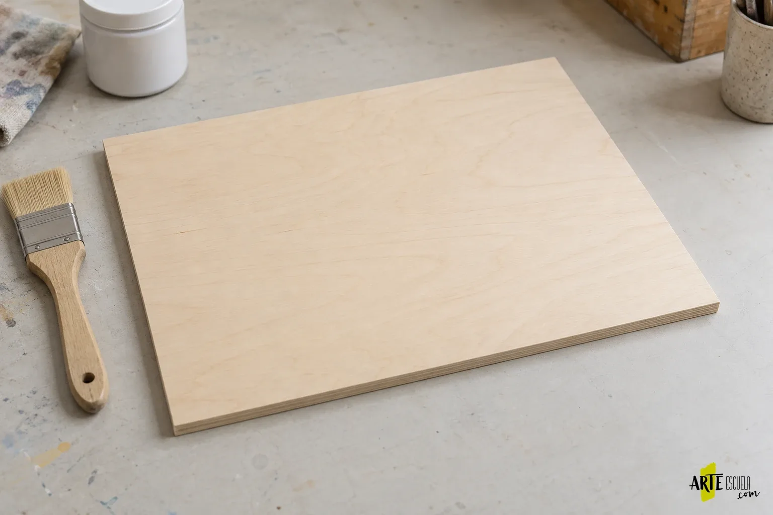 Pintar un estudio sobre madera: preparación del panel para óleo o acrílico Panel pequeño de madera sin imprimar junto a brocha y materiales de preparación sobre una mesa clara