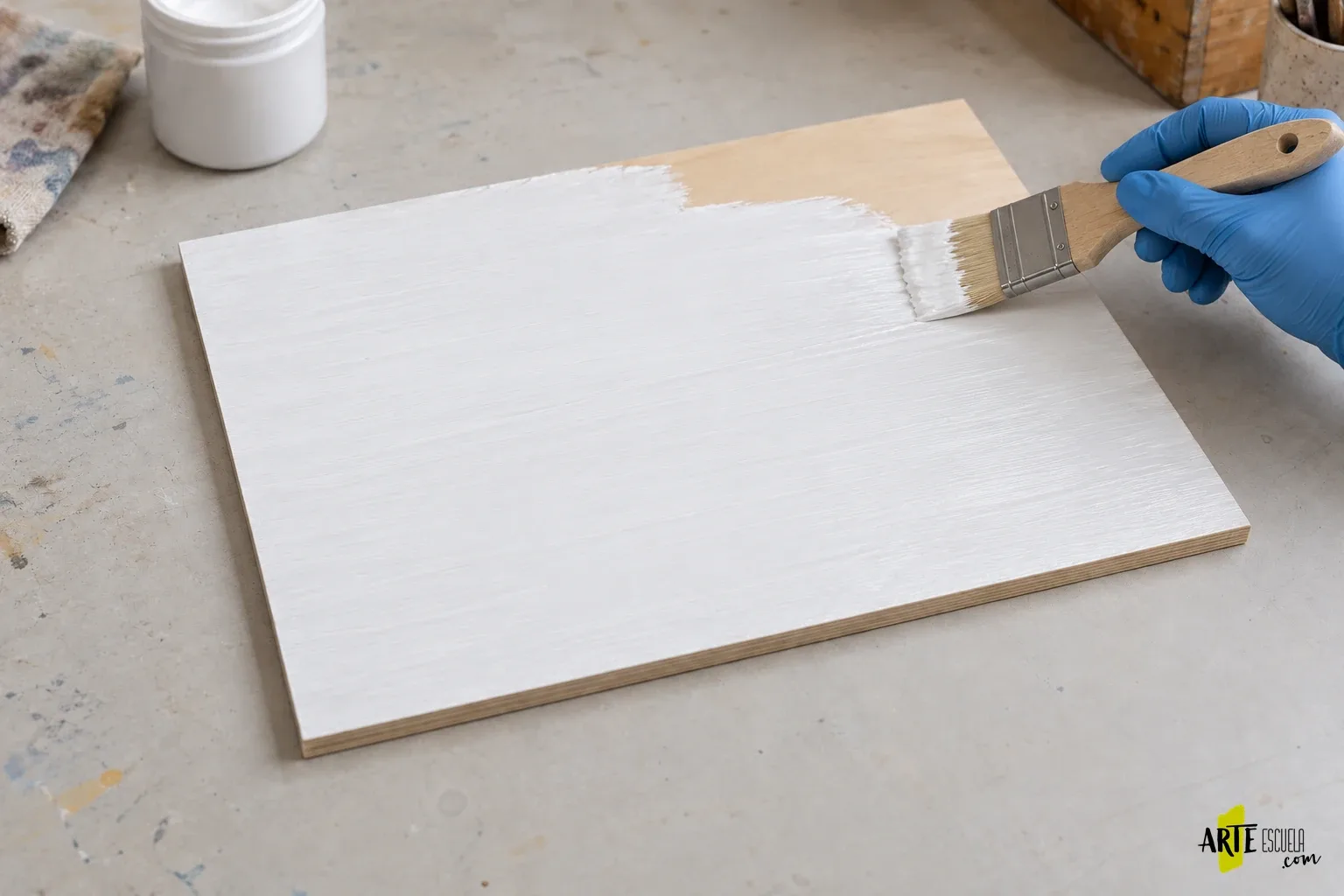 Pintar un estudio sobre madera: preparación del panel para óleo o acrílico Aplicación de una capa uniforme de gesso blanco sobre el mismo panel de madera