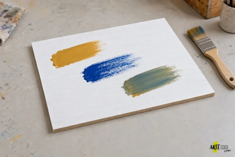 Panel imprimado en blanco con pruebas de pincelada ocre, azul y mezcla de ambos colores