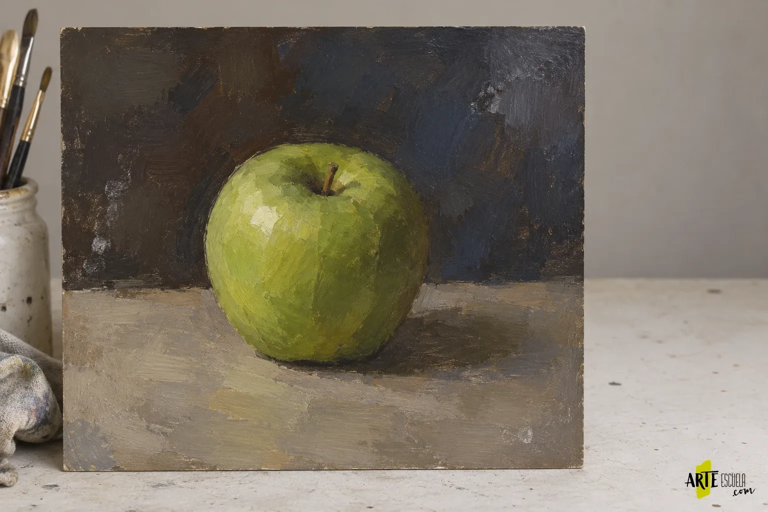 Zonas mates en un cuadro al óleo: cómo reconocer los rechupados Estudio al óleo de una manzana con zonas de fondo de acabado mate desigual