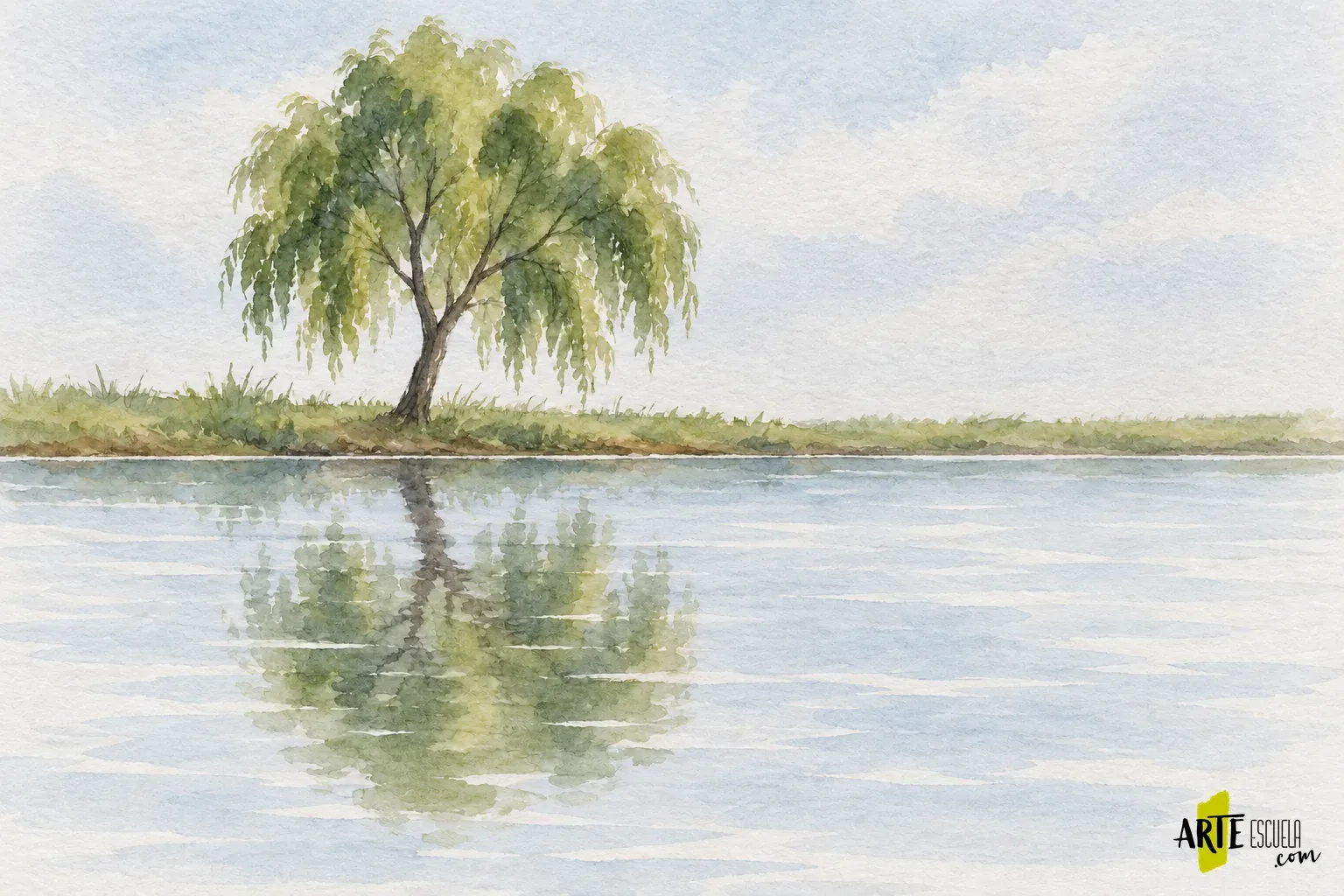 Cómo pintar reflejos invertidos en acuarela sin copiar el paisaje dos veces Sauce en acuarela con ramas definidas y reflejo verde simplificado bajo la orilla