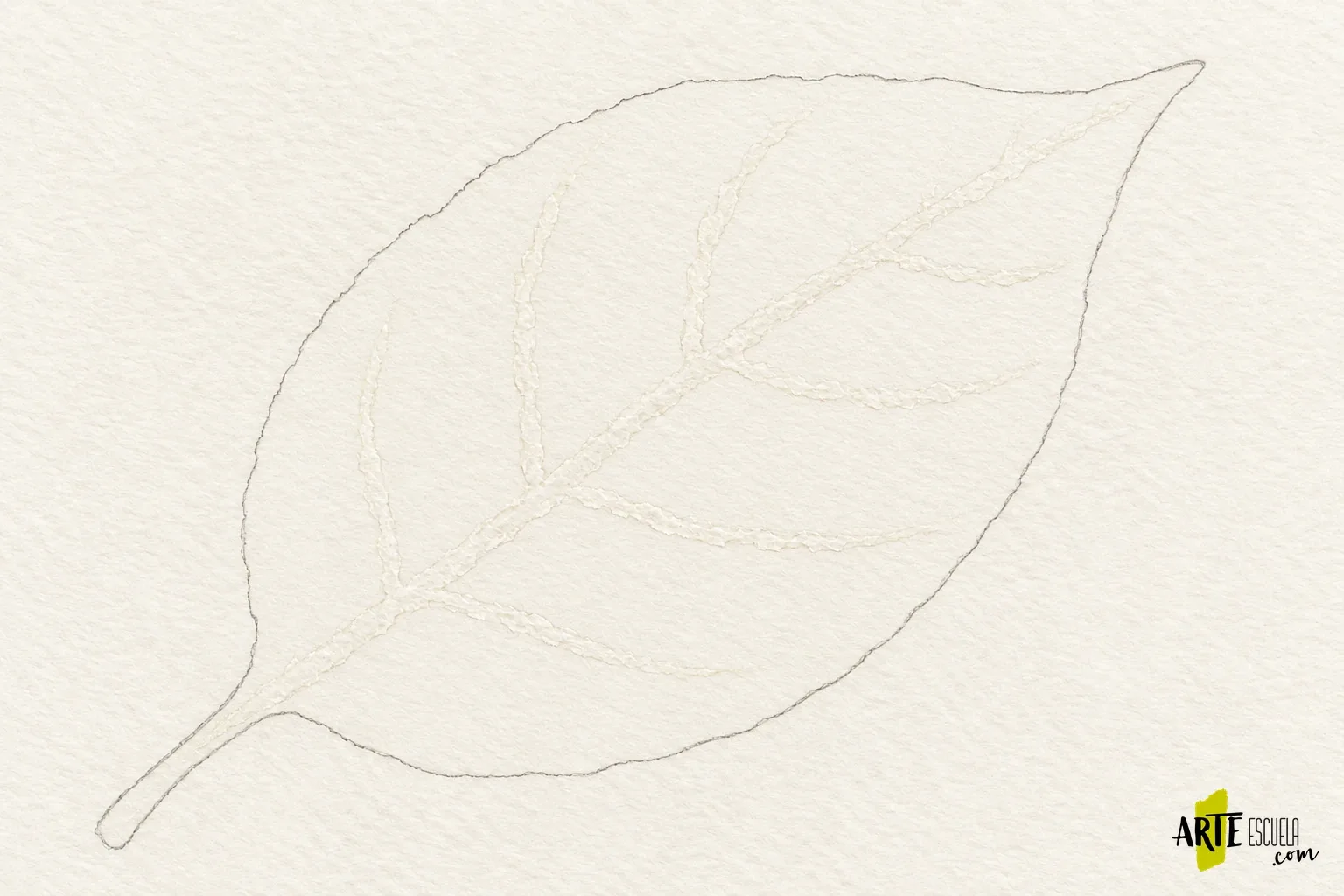 Reservas con cera y acuarela: prueba el rechazo del agua antes de aplicarlo a un dibujo Contorno ligero de una hoja con nervios de cera blanca apenas visibles sobre papel seco