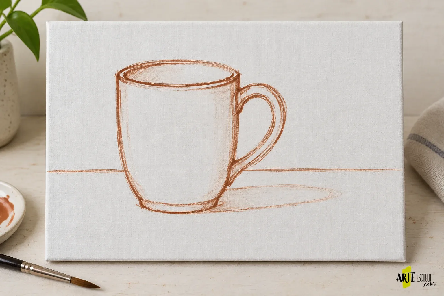 Retomar la pintura después de años: cómo comprobar tu punto de partida Encaje sencillo de una taza con asa derecha sobre un lienzo pequeño para retomar la pintura