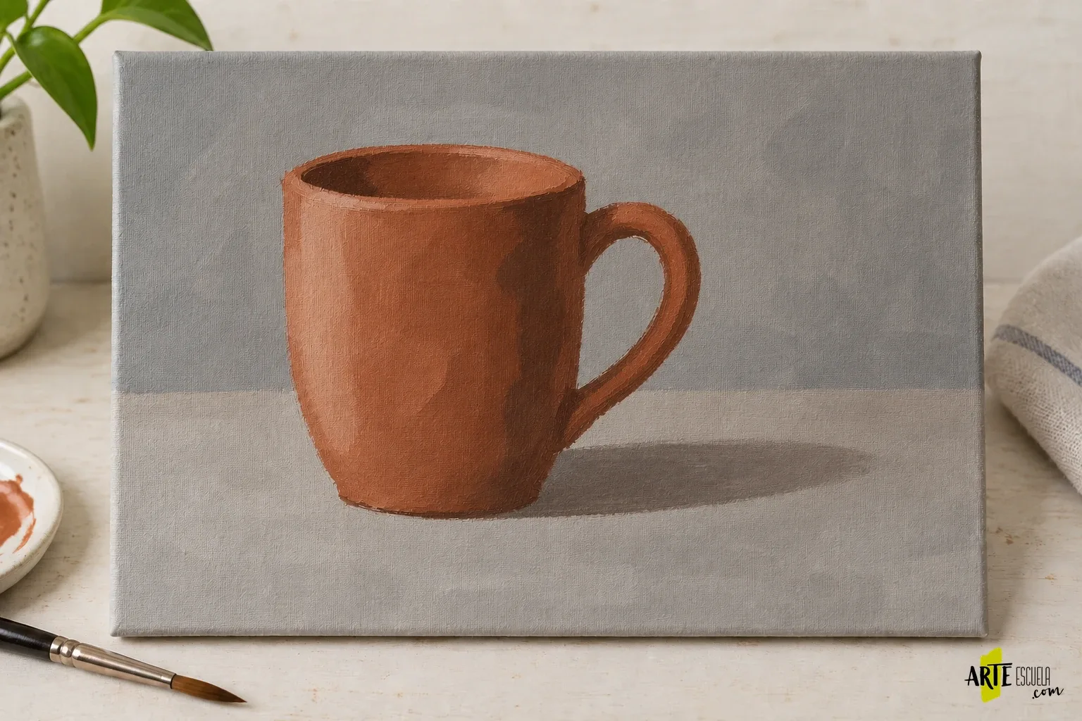 Retomar la pintura después de años: cómo comprobar tu punto de partida La misma taza pintada en tres masas principales de luz, medio tono y sombra